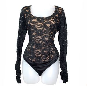 Bisou Bisou lace thong bodysuit with back lace up